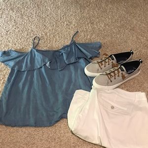 Chambray cold shoulder top
